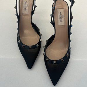 Valentino black sling back heels w/ mesh detail, rock studs & leather trim